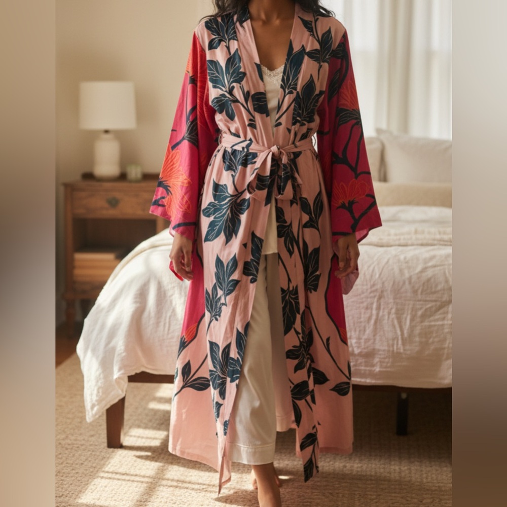 Floral Pink & Red Long Kimono Robe - Women’s Intimates L